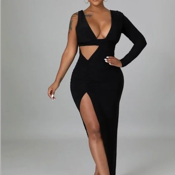 NEW TRENDY BLACK ONE SHOULDER FITTED MAXI DRESS - Picture 8 of 9